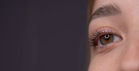 Close-up of a womans eye after eyelash lamination procedure