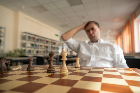 Middle aged Caucasian man playing chessの写真素材
