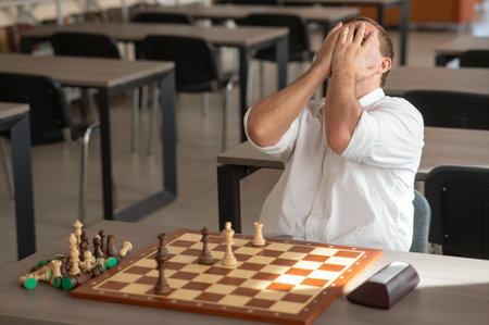 Middle aged Caucasian man playing chessの写真素材