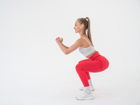 Young woman doing squats on white background. Vetrical videoの写真素材
