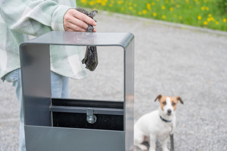 Responsible Dog Owner Disposing of Waste in Park Binの写真素材
