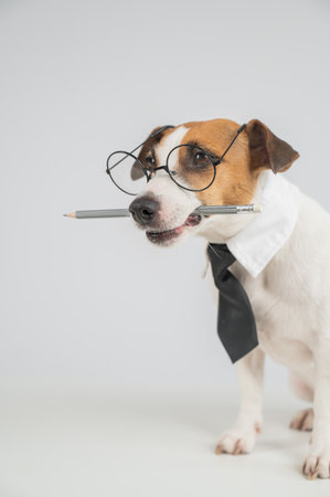 Business dog jack russell terrier holds pencil in mouthの写真素材