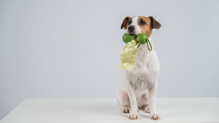 Jack Russell Terrier dog holding container with dog waste bag