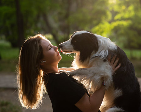 Young Caucasian woman hugging her border collie dog while walking in the parkの写真素材
