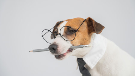 Business dog jack russell terrier holds pencil in mouthの写真素材