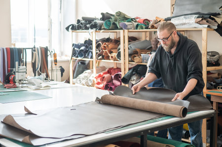Bearded man working as a tanner in a workshop