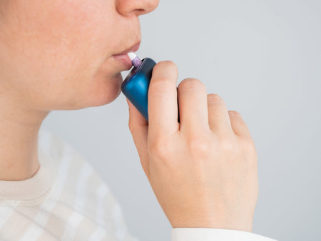 Caucasian woman smoking electronic cigarette. Tobacco heating system