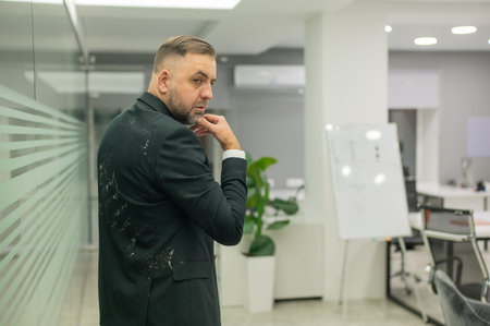 Man in dirty jacket in office