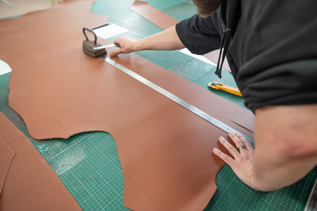Caucasian bearded man working as a tanner in a workshop