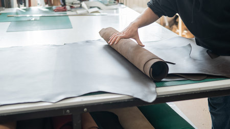 Caucasian bearded man working as a tanner in a workshop