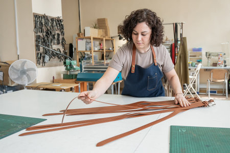 Caucasian woman makes belts from genuine leather in a workshop