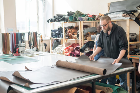 Caucasian bearded man working as a tanner in a workshop