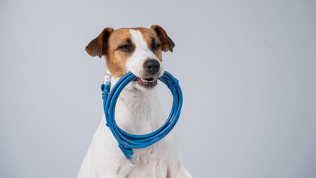 Jack Russell Terrier Dog Holds Internet Cable in Mouth