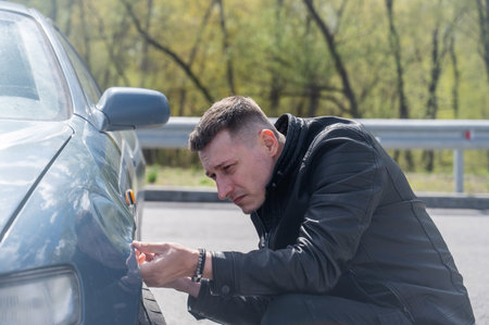 A Caucasian man inspects damage to his car
