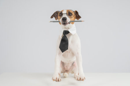 Business dog jack russell terrier holds pencil in mouthの写真素材