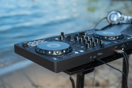 DJ equipment on the river bankの写真素材