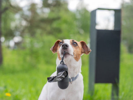 This delightful photograph features a small dog, characterized by its white and brown coat, proudly holding a waste bag dispenser in its mouthの写真素材