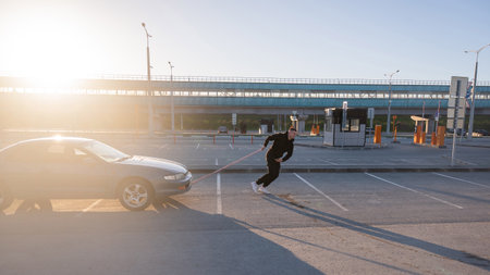 Caucasian man pulling a car with a ropeの写真素材