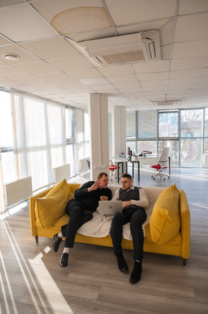 Two Caucasian men discussing work on a laptop while sitting on a sofa. Modern officeの写真素材