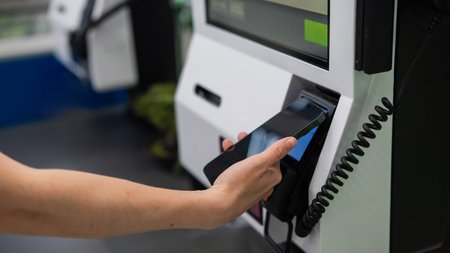 A woman pays using her smartphone at a self-checkout