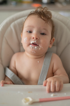 Cute baby boy smeared sits in a high chairの写真素材