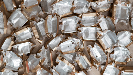 Pile of empty silver-gold candy wrappers. Top view