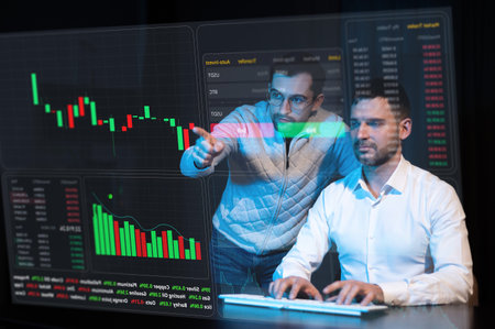 Two Caucasian bearded men are discussing stock charts on a virtual screen. HUD menu