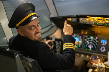 Caucasian bearded man smiling while driving a flight simulator. Pilot in the cockpit showing thumbs upの写真素材