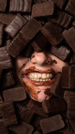 The face of a woman surrounded by sweets. The girl is smeared in sweetsの写真素材