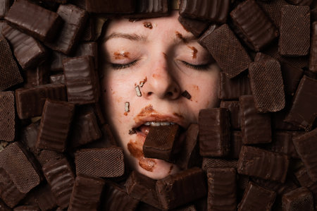 The face of a caucasian woman surrounded by sweets. The girl is smeared in sweetsの写真素材