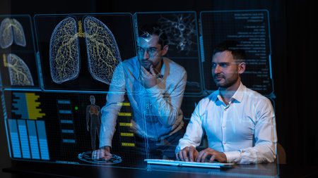 Two Caucasian bearded men are discussing on a virtual screen. HUD menuの写真素材