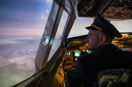 Caucasian bearded man controls the plane and looks at the beautiful sunset sky