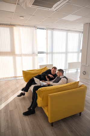 Two Caucasian men discussing work on a laptop while sitting on a sofa. Modern officeの写真素材