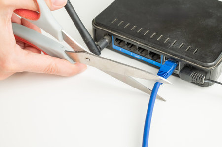 Scissors cut the router cables