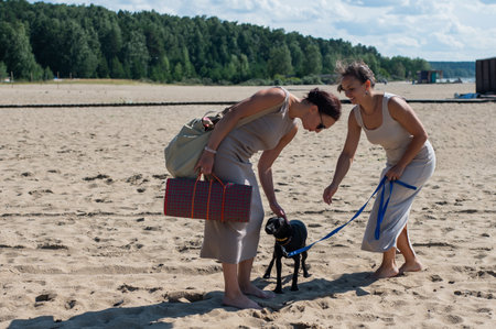 Two Caucasian women walking on the beach with a dogの写真素材