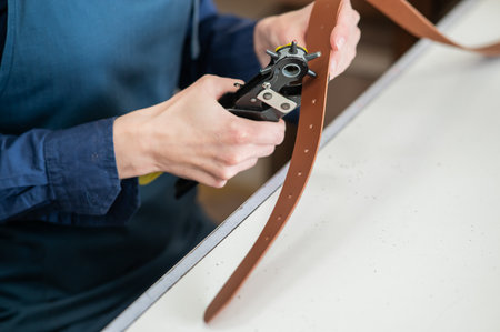 A woman makes holes in a leather belt. Leatherworkers workshopの写真素材