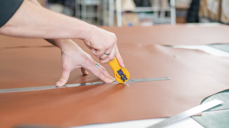 Leatherworker measuring and cutting leather in workshop