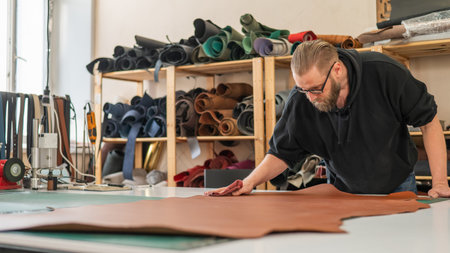 Caucasian bearded man working as a tanner in a workshop
