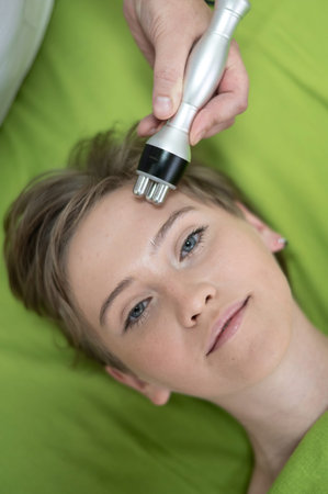 Top view of Caucasian woman undergoing radio wave RF lifting procedure in beauty salon