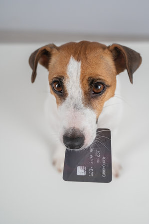 Jack Russell Terrier Dog Holding Credit Cardの写真素材