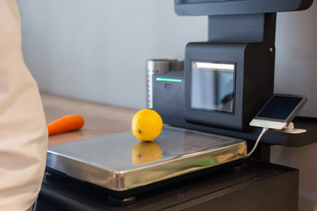 Woman weighing a lemon at a self-checkout