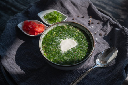 Traditional Russian lunch in a cafe. Top view of okroshkaの写真素材