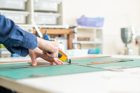 Leatherworker measuring and cutting leather in workshop