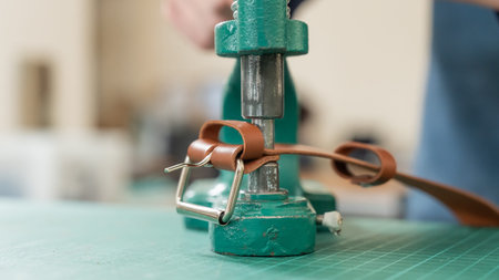 A woman attaches accessories to a leather belt. Leatherworkers workshop