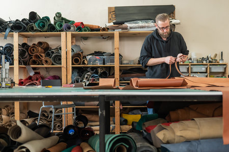Caucasian bearded man working as a tanner in a workshopの写真素材
