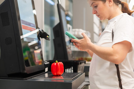 A woman buys bell peppers at a self-checkout