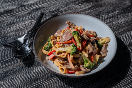 Pasta with beef, mushrooms and vegetables