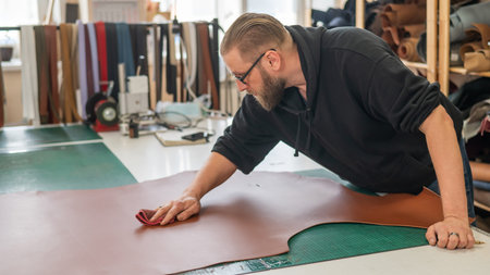 Bearded man working as a tanner in a workshop