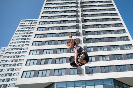 A girl jumps in the airの写真素材