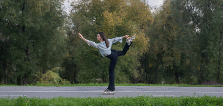 Caucasian woman roller skating in park